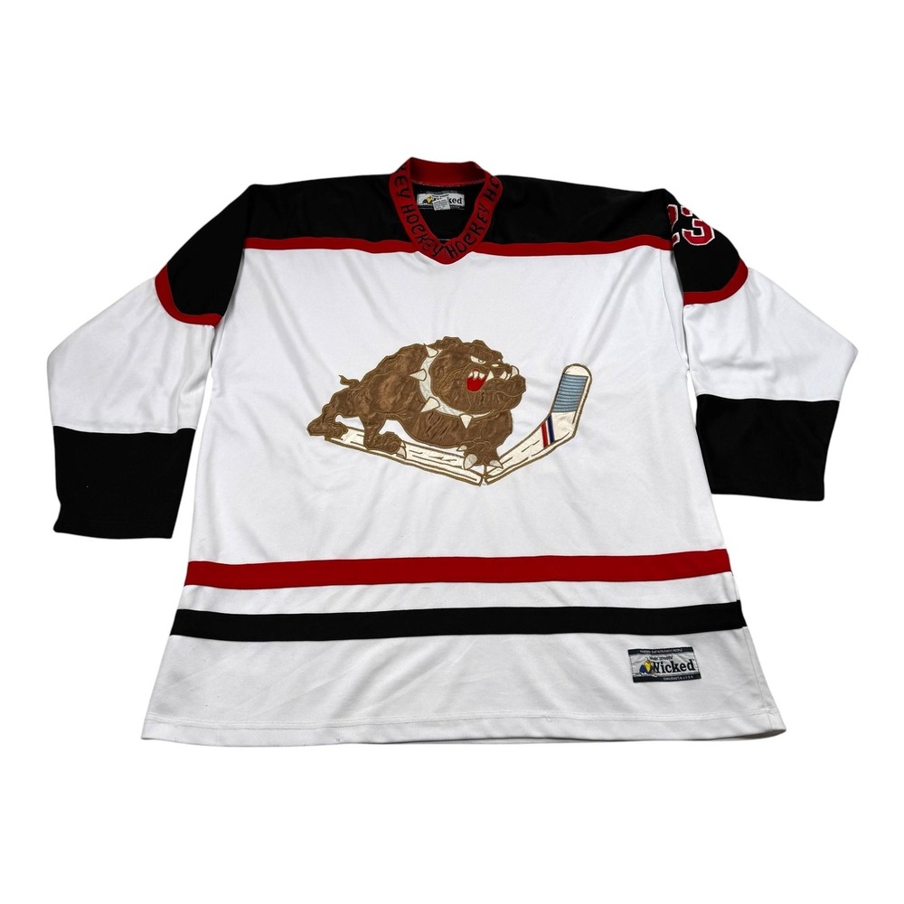 Wicked Hockey Jersey Mens 2XL White Bulldog Dog Graphic Long Sleeve Embroidered